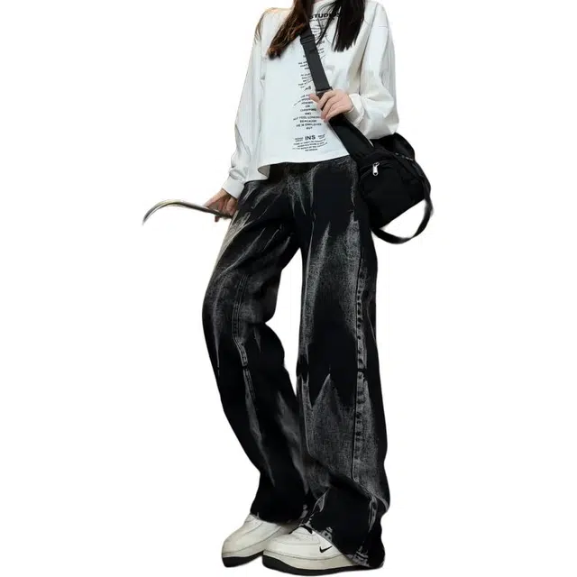 欧迪芬 美式高腰显瘦直筒阔腿百搭通勤舒适透气做旧宽松休闲裤 男女同款