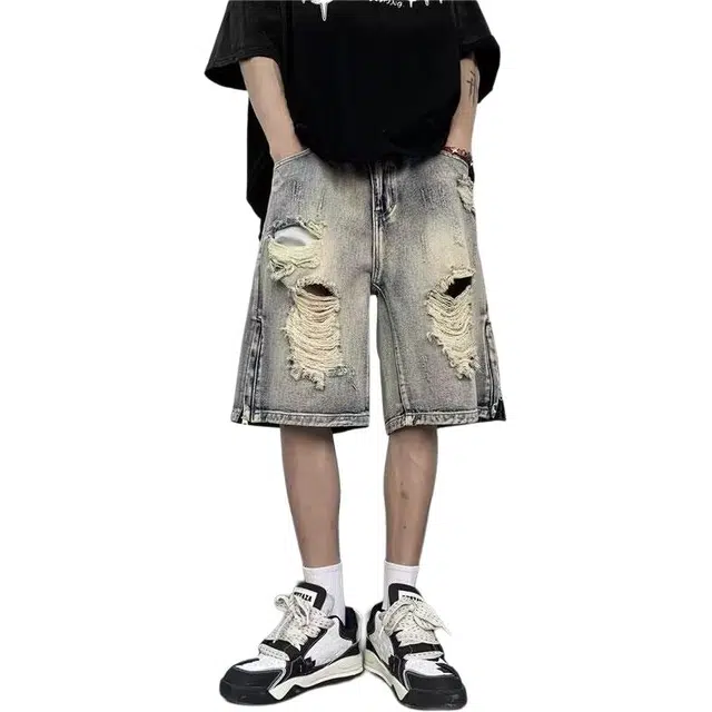 法文箱子 水洗复古破洞美式高街拉链修身直筒牛仔短裤 男款