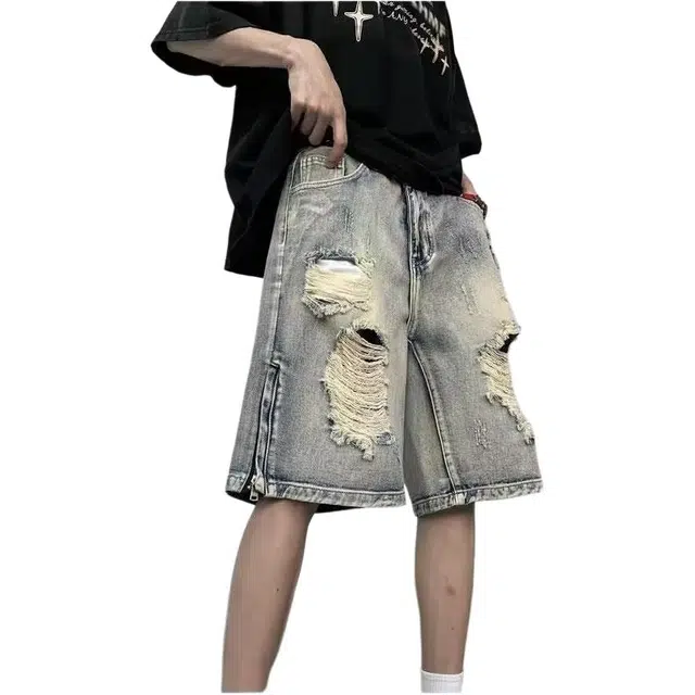 法文箱子 水洗复古破洞美式高街拉链修身直筒牛仔短裤 男款