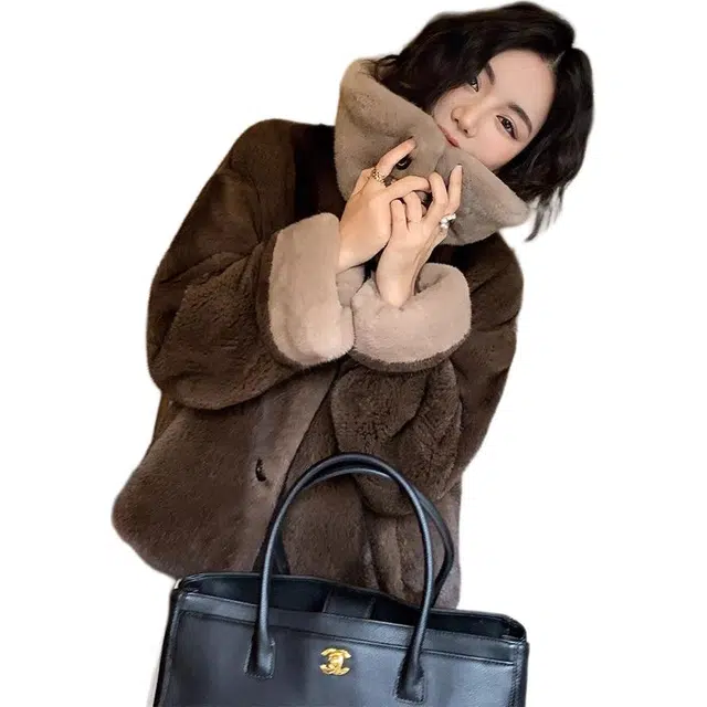 邓大喵 环保仿水貂毛毛外套女拼接貂绒翻领年轻宽松年冬季秋冬穿搭皮草 女款