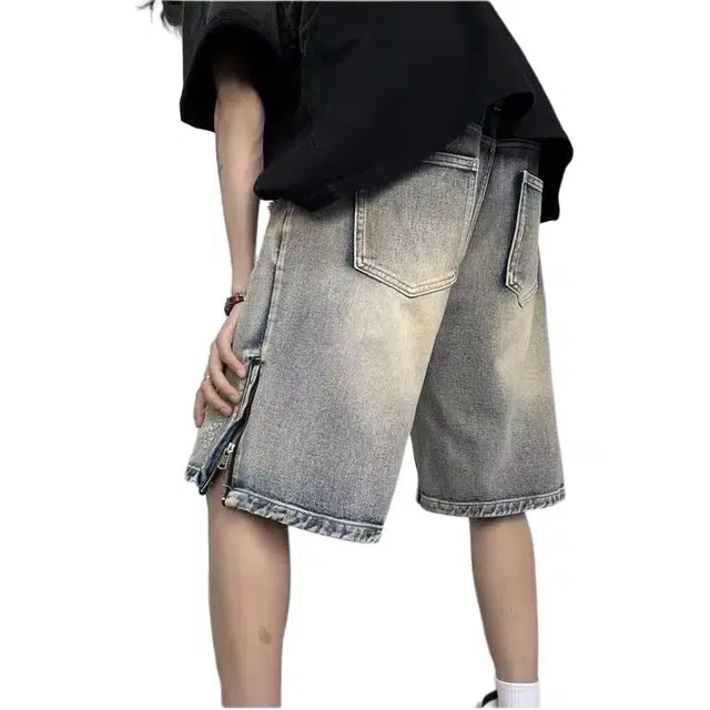 法文箱子 水洗复古破洞美式高街拉链修身直筒牛仔短裤 男款