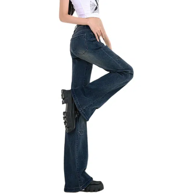 惟熙 绣花微喇修身做旧高腰牛仔裤 女款 复古蓝