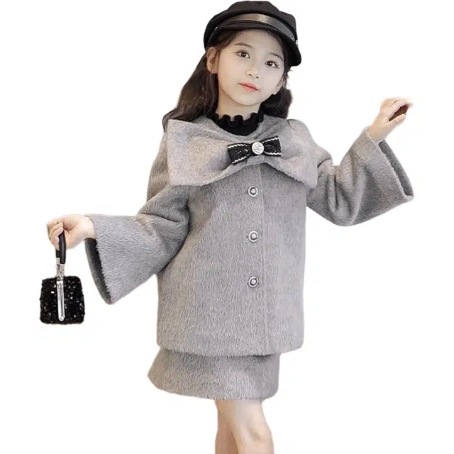 媛媛公主 春秋冬洋气时髦蝴蝶结保暖加厚简约纯色中长款呢大衣 儿童款