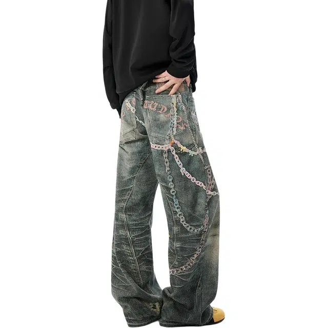 袋鼠 高个子加长版型长裤美式复古显瘦百搭基础款通勤阔腿裤高街糖果链数码印花牛仔裤 男女同款