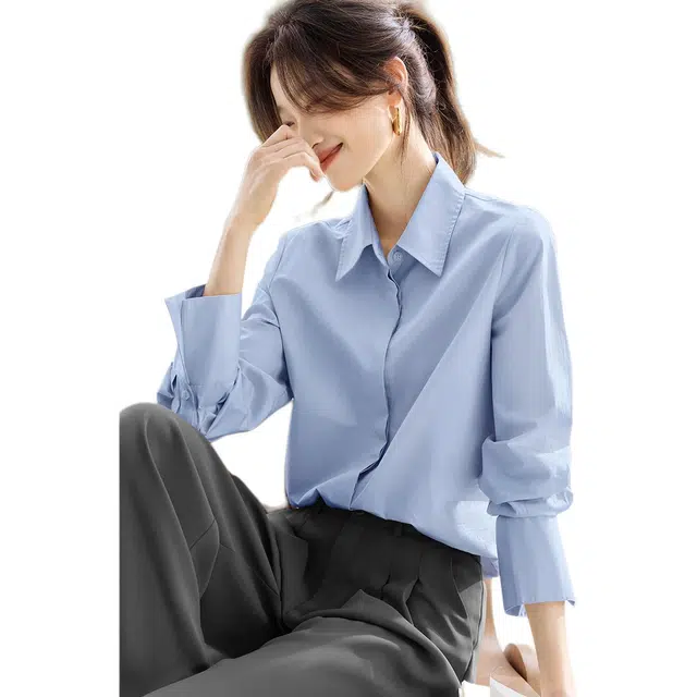 沫晗依美 挺括轻职场纯色翻领商务通勤日常便服长袖衬衫 女款