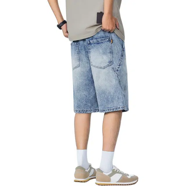 【dme】 美式高街水洗刺绣基础款纯色宽松直筒阔腿休闲五分牛仔短裤 男女同款