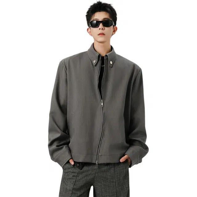 欧路得 美式高街不规则拉链外套女男秋季小众设计感翻领复古休闲上衣夹克 男款