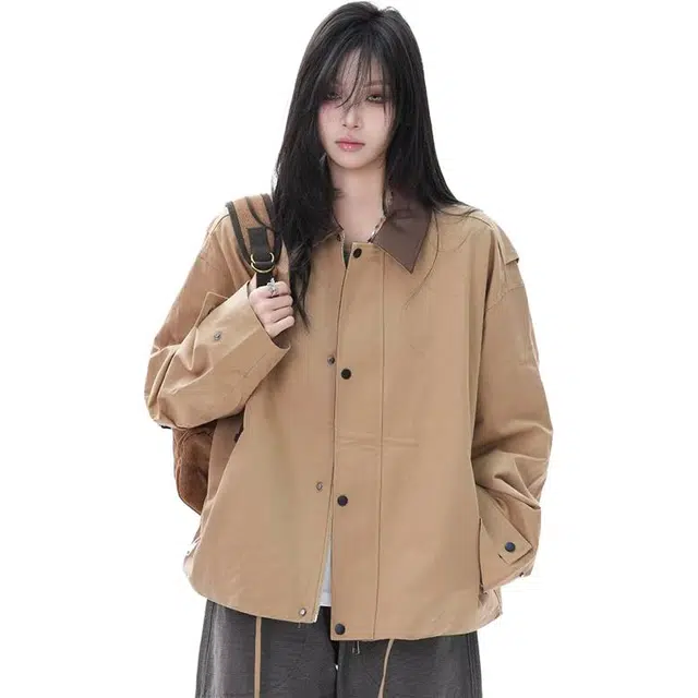 一碗士多  纯色复古巴恩风美式高街小众百搭简约撞色单排扣设计感宽松舒适通勤户外运动落肩袖翻领棒球服 男女同款