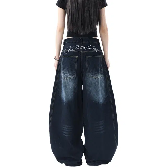 重磅基础 美式复古弯刀宽松牛仔潮牌高街小众设计感阔腿裤哈伦萝卜镰刀工装休闲裤 女款