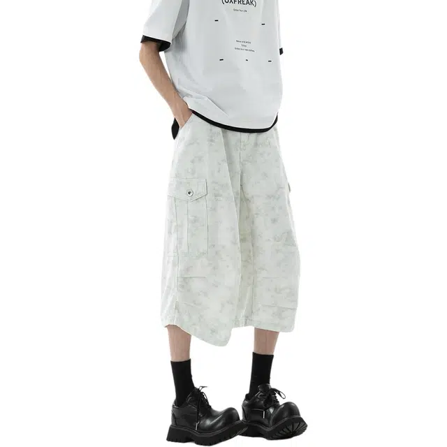 哲源 美式复古水洗做旧七分裤工装短裤 男女同款