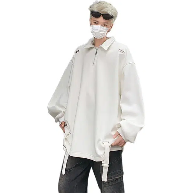 零氏 美式高街设计感男士潮流帅气宽松金属气眼拉链翻领长袖卫衣 男女同款