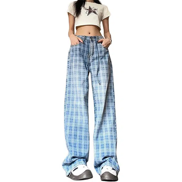 单爵 美式复古格子微喇裤女款拼接设计感裤子牛仔裤 男女同款