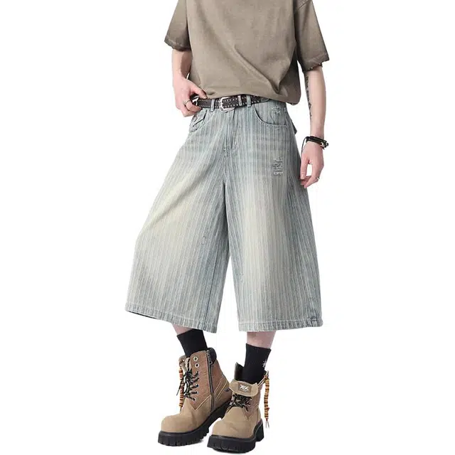 拓菲 美式百搭宽松条纹七分裤牛仔短裤 男女同款