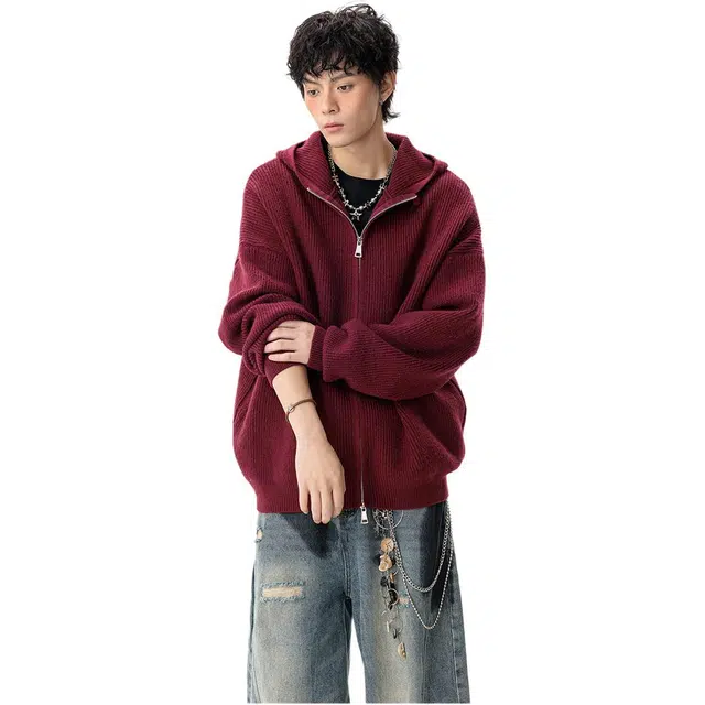 拓菲 街头秋冬美式连帽双拉链宽松休闲慵懒外套简约百搭上衣针织衫 男女同款