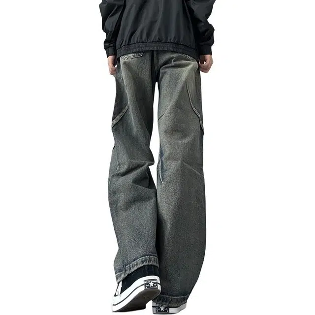 单爵 美式复古解构裤子男款秋季抽绳松紧腰软褶皱水洗做旧微喇裤牛仔裤 男女同款
