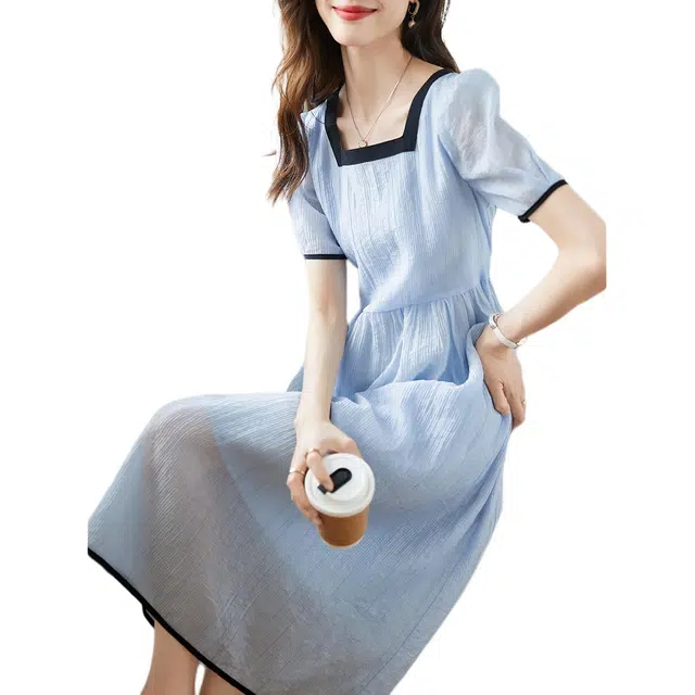 沫晗依美 中腰泡泡袖拼接短袖连衣裙 女款 蓝色