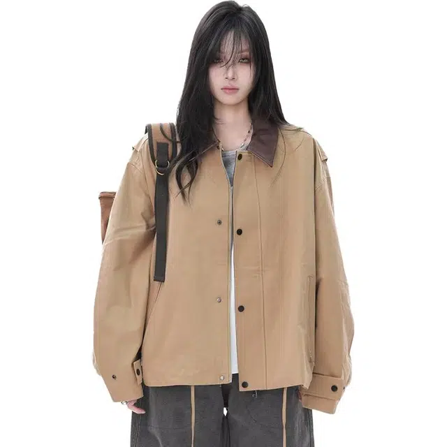 一碗士多  纯色复古巴恩风美式高街小众百搭简约撞色单排扣设计感宽松舒适通勤户外运动落肩袖翻领棒球服 男女同款