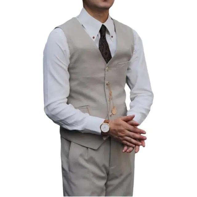 大格子与黑猫 复古英伦儒雅老钱风杏色伴郎单排扣休闲修身结婚含羊毛西装马甲 男款