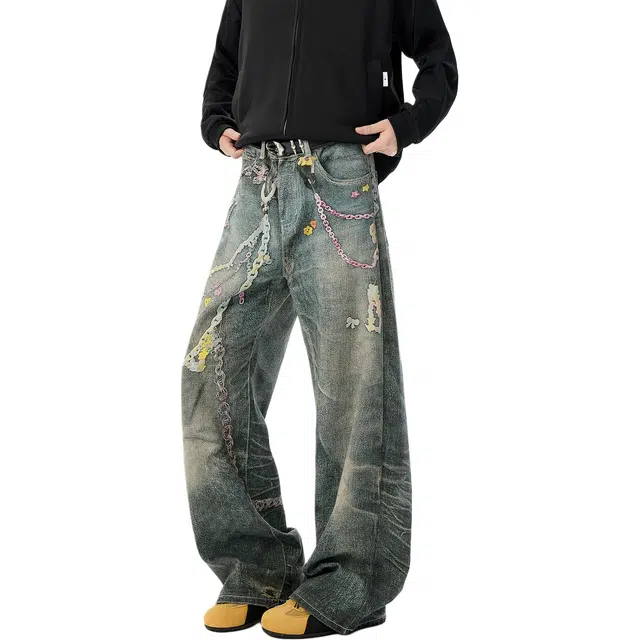 袋鼠 高个子加长版型长裤美式复古显瘦百搭基础款通勤阔腿裤高街糖果链数码印花牛仔裤 男女同款