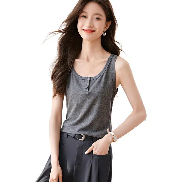 沫晗依美 纯色套头透气圆领圆领背心 女款 花灰色