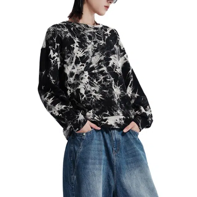 艾莱依 宽松圆领加绒加厚长袖卫衣 女款 黑花