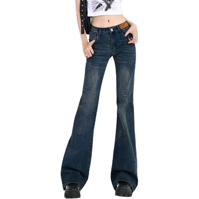 惟熙 绣花微喇修身做旧高腰牛仔裤 女款 复古蓝