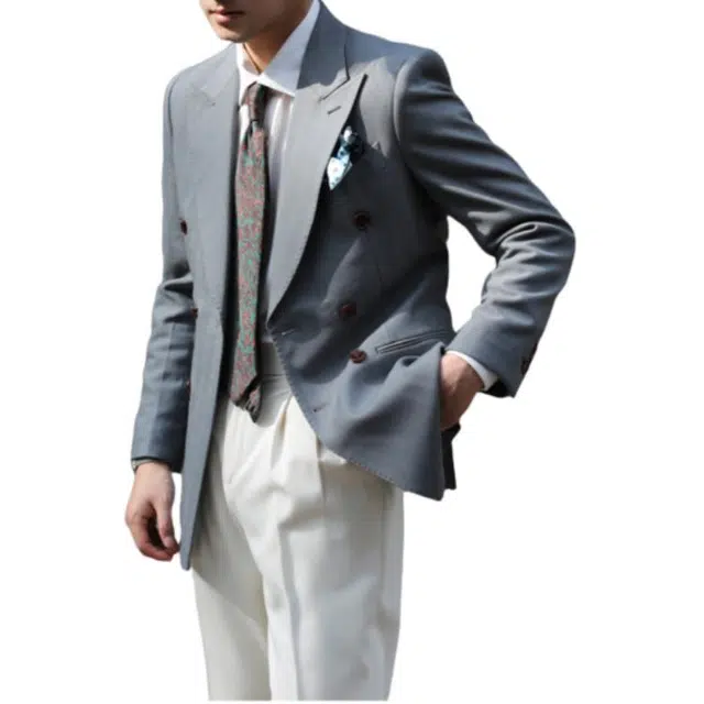 大格子与黑猫 英伦复古雅痞绅士鱼骨纹暗纹微厚双排扣结婚新郎修身西服外套 西装 男款