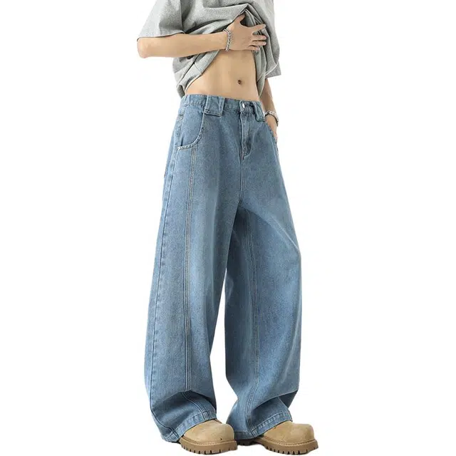 宝米卡 高街复古弯刀作旧水洗裤子直筒宽松痞帅时尚潮牌阔腿休闲长裤牛仔裤 男女同款