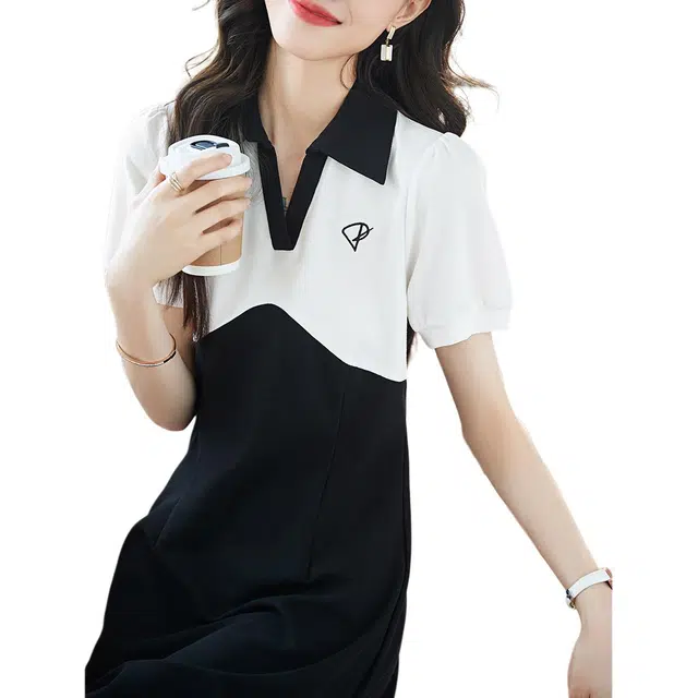 沫晗依美 撞色拼接收腰设计感撞色短袖连衣裙 女款 黑白拼色