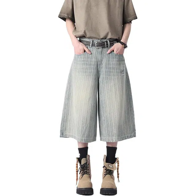拓菲 美式百搭宽松条纹七分裤牛仔短裤 男女同款