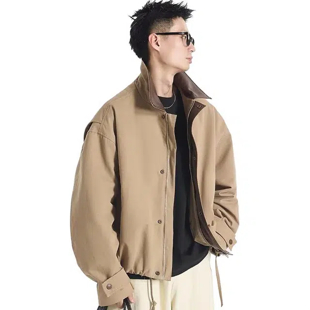 一碗士多  纯色复古巴恩风美式高街小众百搭简约撞色单排扣设计感宽松舒适通勤户外运动落肩袖翻领棒球服 男女同款