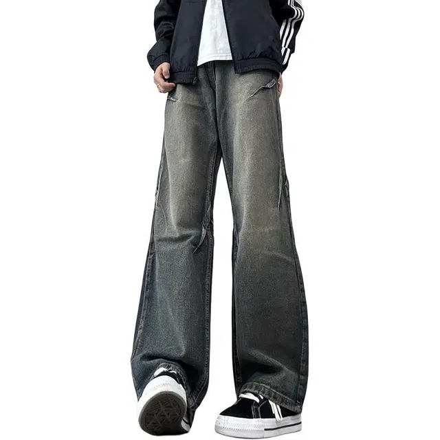 单爵 美式复古解构裤子男款秋季抽绳松紧腰软褶皱水洗做旧微喇裤牛仔裤 男女同款