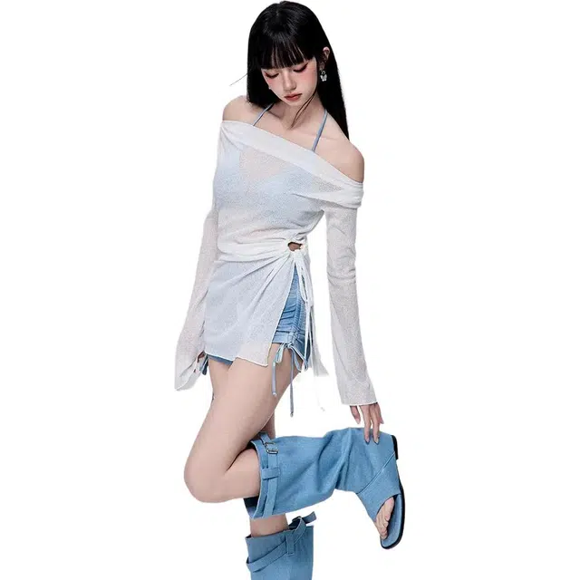 木清清 时尚潮流长袖上衣舒适百搭短裤泳衣套装 女款