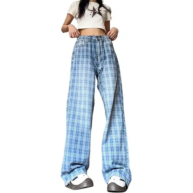 单爵 美式复古格子微喇裤女款拼接设计感裤子牛仔裤 男女同款