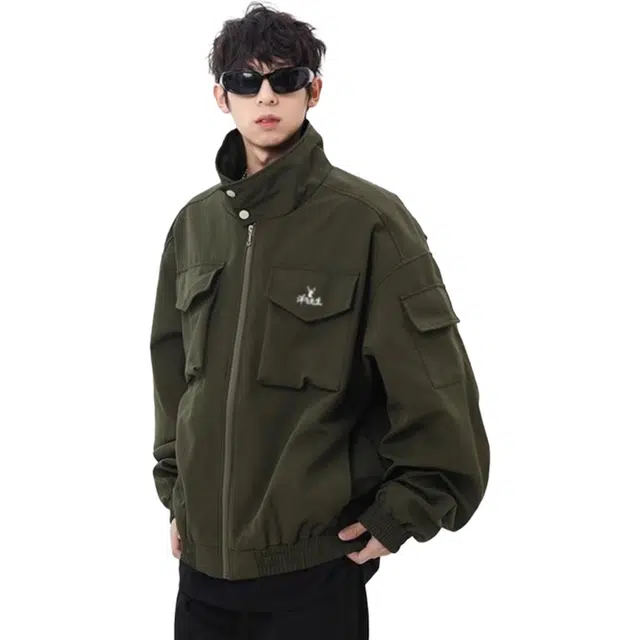 洋气先生 美式复古简约时尚小众高级感潮流帅气纯色氛围感日常基础休闲宽松百搭防风保暖城市机能风工装大口袋立领夹克外套 男女同款
