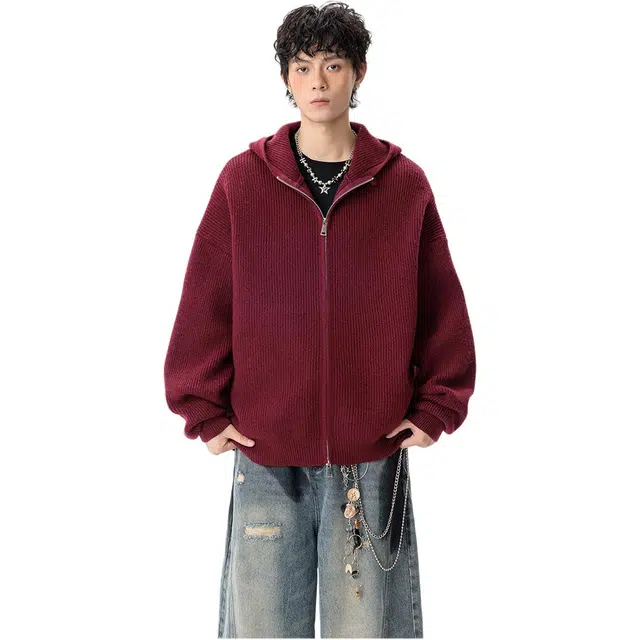 拓菲 街头秋冬美式连帽双拉链宽松休闲慵懒外套简约百搭上衣针织衫 男女同款
