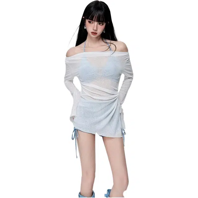 木清清 时尚潮流长袖上衣舒适百搭短裤泳衣套装 女款