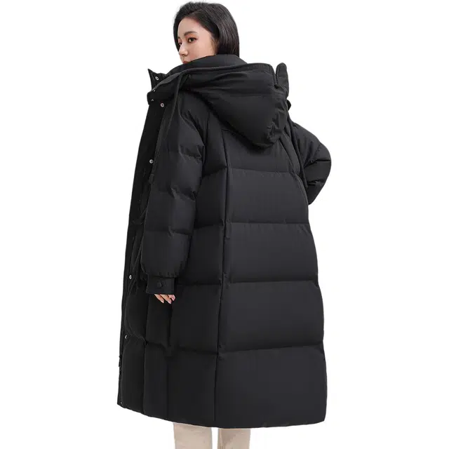 鸭鸭 长款连帽保暖纯色通勤简约舒适宽松百搭羽绒服 女款