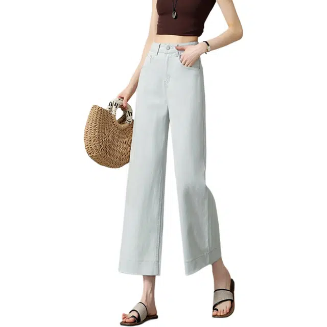 惟熙 薄款高腰垂感直筒裤九分阔腿裤子牛仔裤 女款