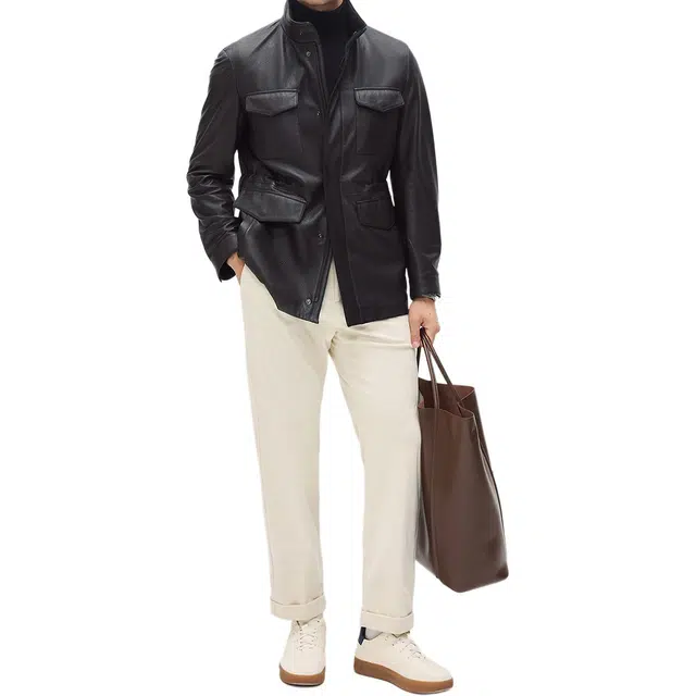 丹宁哲学 高端新西兰荔枝纹鹿皮纯色长袖立领直筒型皮衣 男款