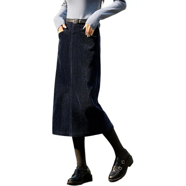 沫晗依美 简约直筒纯色休闲长裙 女款 藏青色