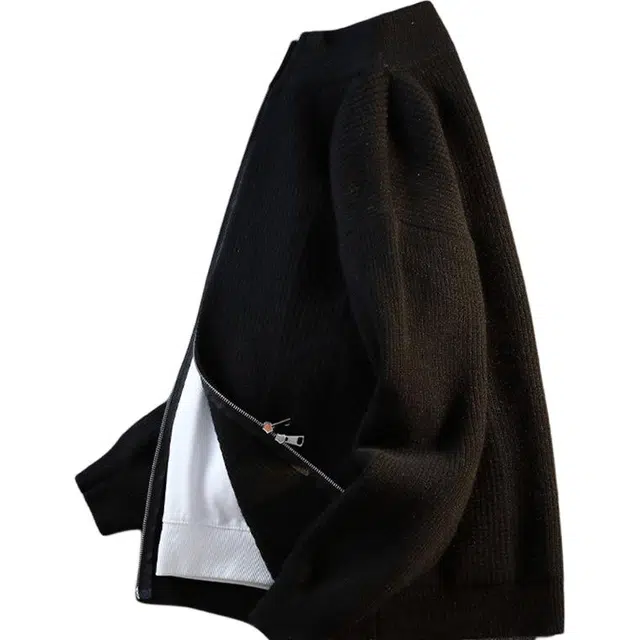 八哥 美式高街慵懒风高级感松弛无性别主义日常通勤户外百搭宽松休闲开衫拉链简约复古圆领落肩舒适长袖针织衫 男女同款