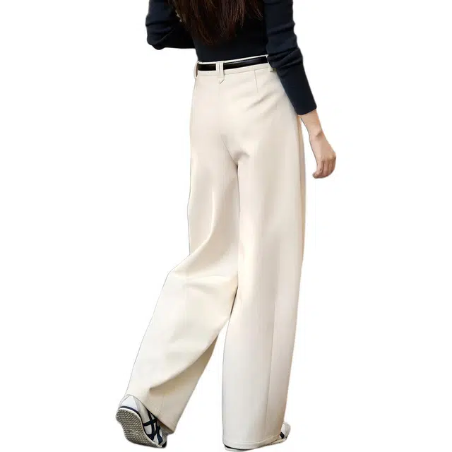 沫晗依美 高腰直筒纯色休闲裤 女款 米白色