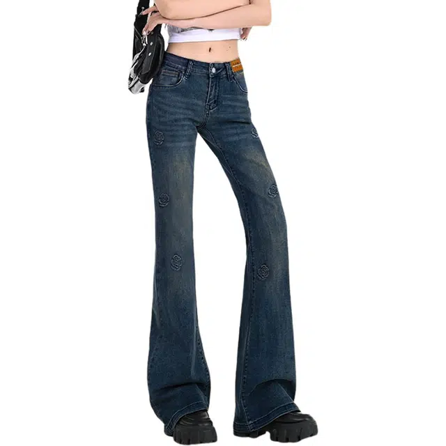 惟熙 绣花微喇修身做旧高腰牛仔裤 女款 复古蓝