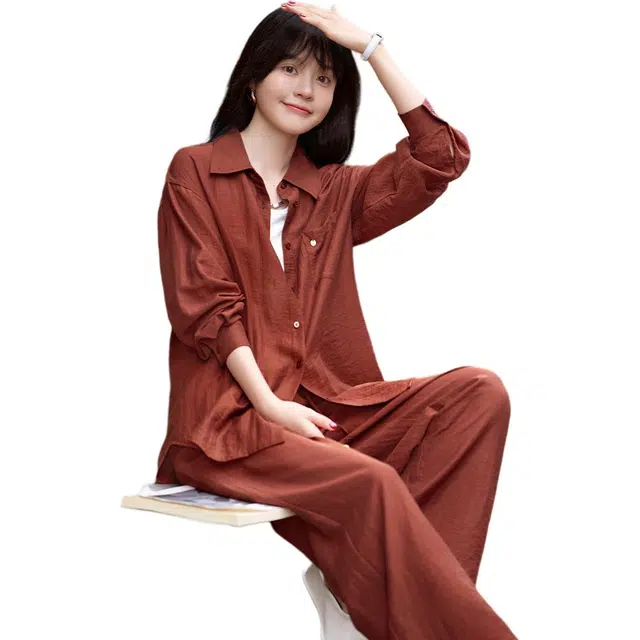 沫晗依美 翻领单排扣长袖上衣简约舒适纯色长裤休闲套装 女款 红色