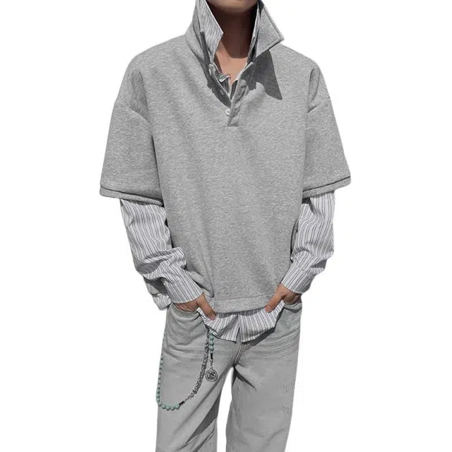 单爵 高智感穿搭男秋季长袖假两件条纹拼接卫衣 男女同款