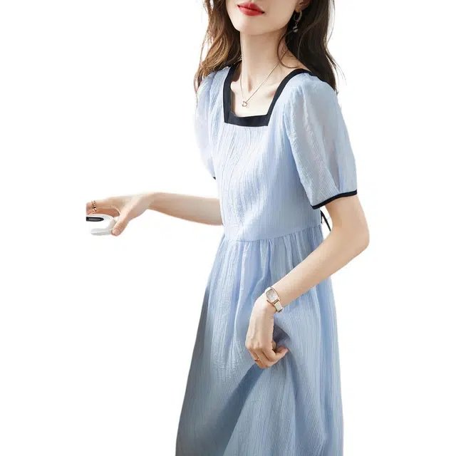 沫晗依美 中腰泡泡袖拼接短袖连衣裙 女款 蓝色