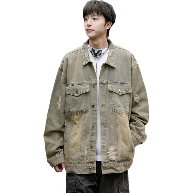 太子龍 美式复古做旧春秋季潮牌痞帅休闲宽松百搭长袖牛仔外套 男款