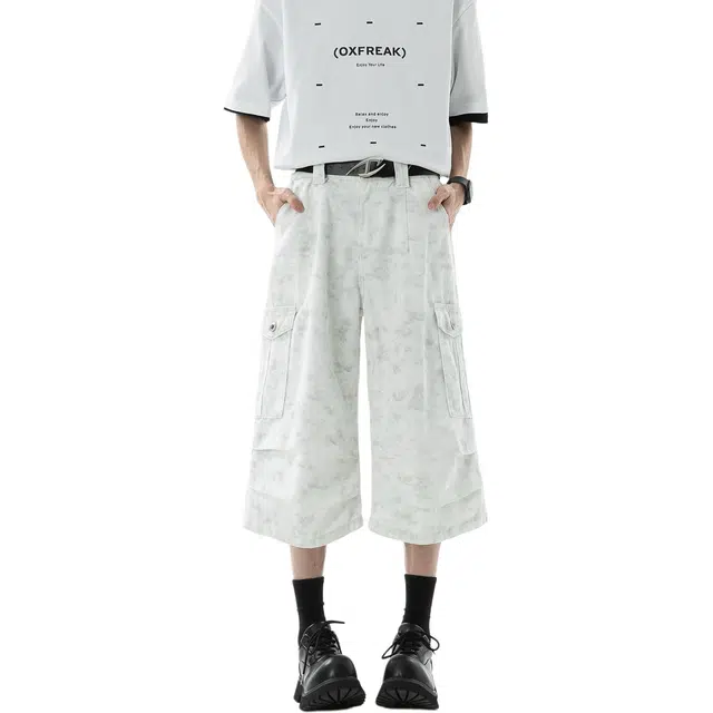 哲源 美式复古水洗做旧七分裤工装短裤 男女同款