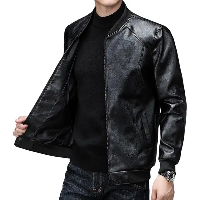 老爷车 男士秋冬季皮夹克男经典棒球领时尚有型机车外套男休闲薄款中年单皮衣 男款